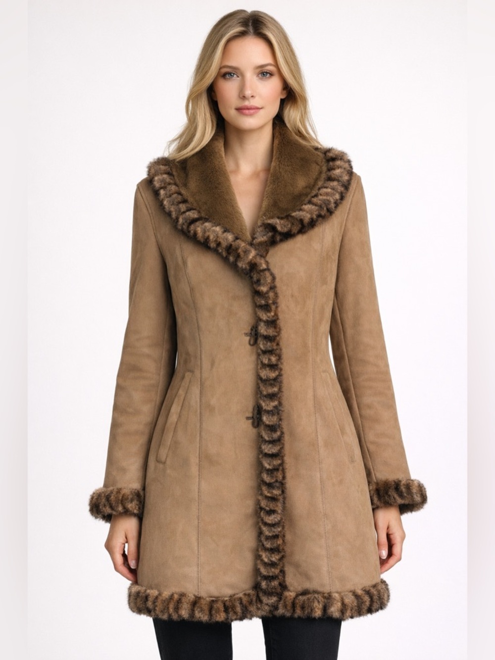Jones New York Tan Faux Suede/Faux Fur Shawl Collar Button Front Coat Size Large